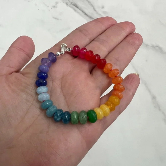 Rainbow Jade Gemstone Bracelet Silver Plated Clasp - Picture 2 of 7